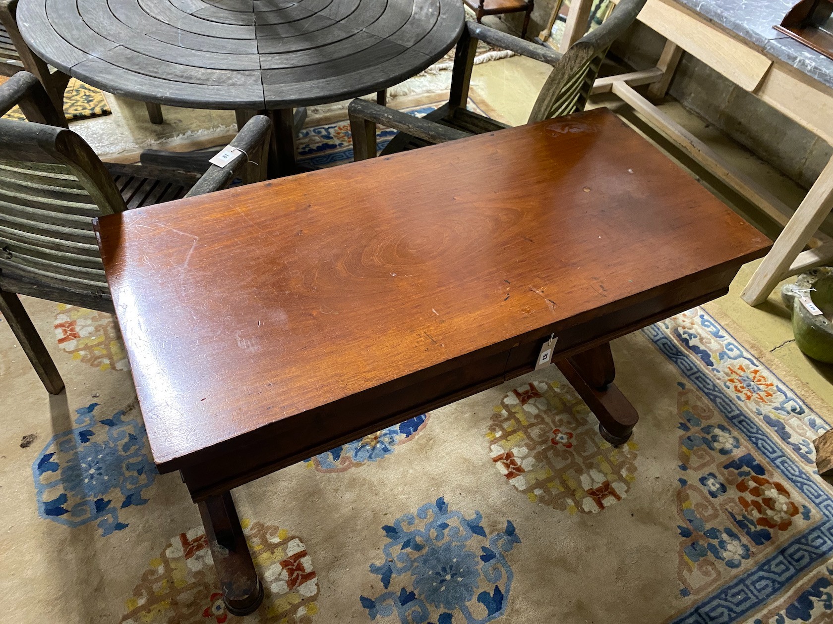 A Victorian mahogany two drawer stretcher table, width 115cm, depth 53cm, height 77cm
